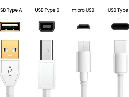 Comparaison des connecteurs USB : Type A, Type B, micro USB et Type C. Le câble USB Type A est doré, les autres sont blancs.