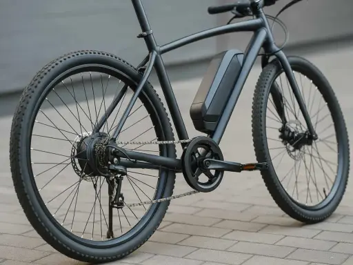 Vélo électrique noir, moteur dans la roue arrière, batterie sur le cadre. Prêt à débrider pour plus de puissance.
