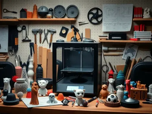 Un atelier rempli d'outils et d'objets imprimés en 3D, avec une imprimante au centre. Idéal pour savoir comment choisir une imprimante 3d.
