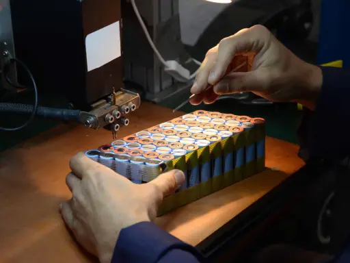 Un technicien assemble des cellules pour comment reparer une batterie de velo electrique. Il utilise un outil de soudure par points.