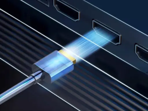 Connexion HDMI pour projeter l'écran de votre PC sur une TV HD. Le câble bleu et or s'insère dans un port, symbolisant le transfert de données.