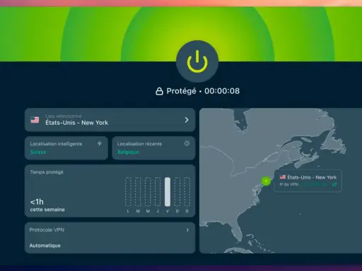 Interface VPN avec un bouton d'alimentation central, indiquant la connexion à New York. Le "kill switch" est activé, protégeant votre connexion.