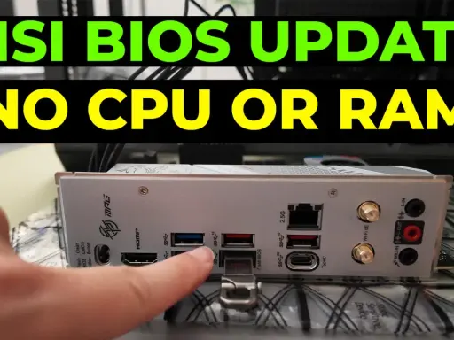 Mise à jour du BIOS MSI sans CPU ni RAM. Une main pointe le bouton "Flash BIOS" sur la carte mère.