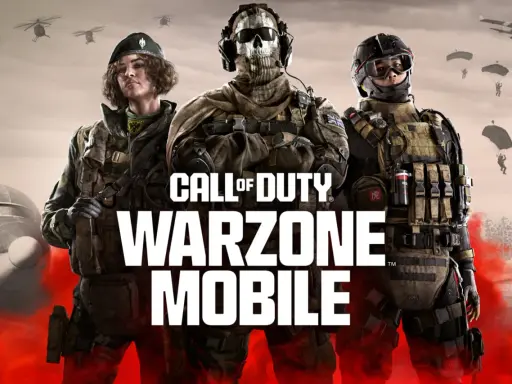 Trois soldats se tiennent prêts pour l'action dans Warzone Mobile. Des hélicoptères et des parachutistes survolent un paysage désertique.