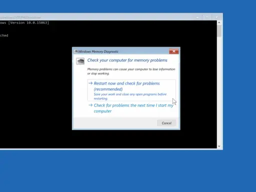 Diagnostic mémoire Windows propose de redémarrer pour vérifier un problème RAM PC.