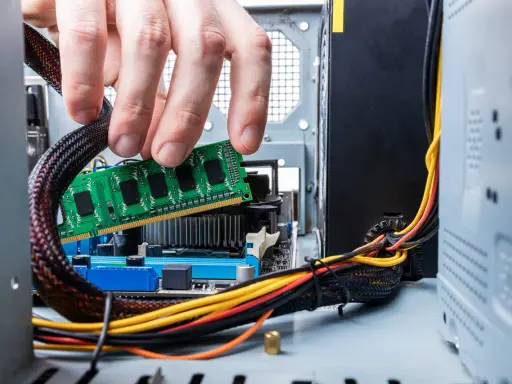 Main d'un homme insérant une barrette de RAM verte dans un emplacement de carte mère. Guide pour comment installer RAM.