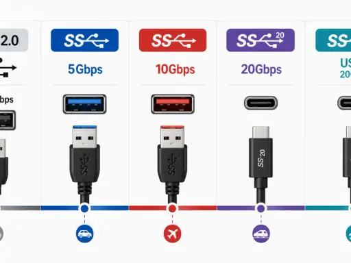 Comparaison des normes USB : USB 2.0 (480 Mbps), USB 3.0 (5 Gbps), USB 3.1 (10 Gbps), USB 3.2 (20 Gbps) et USB4 (20 Gbps). Le port USB Type A est visible pour les premières normes.