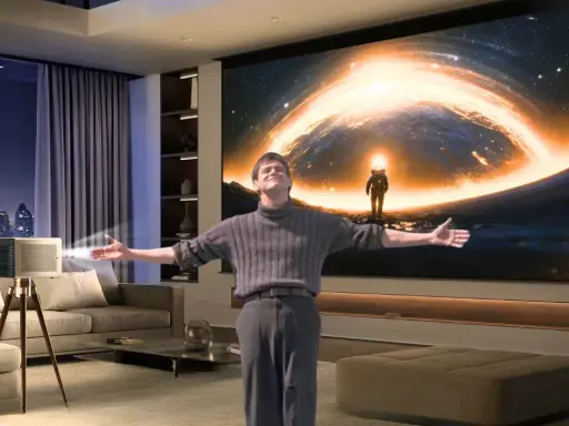 Un homme s'émerveille devant un vidéoprojecteur projetant une scène spatiale. Un guide pour comment choisir un vidéoprojecteur.