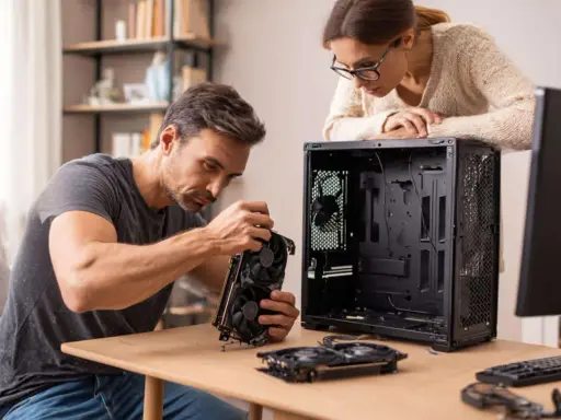 Un homme et une femme assemblent un PC. Il tient une carte graphique, un élément clé pour savoir comment choisir sa carte graphique.