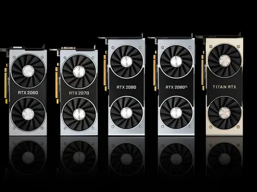Cinq cartes graphiques NVIDIA RTX 2060, 2070, 2080, 2080 Ti et Titan RTX alignées. Une véritable tier list carte graphique pour les gamers.