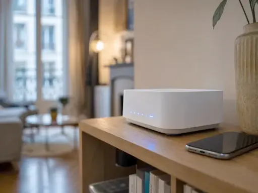 Routeur blanc moderne avec lumières bleues, offrant une connexion wifi ac stable pour un intérieur cosy. Un smartphone est posé à côté.