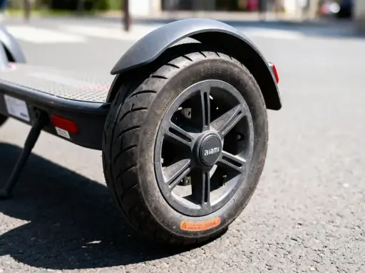 Roue de trottinette électrique sur la route. Le pneu semble dégonflé, rendant impossible de gonfler pneu trottinette.