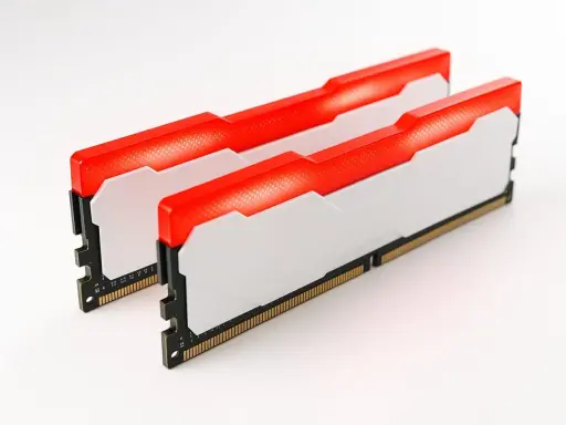 Deux barrettes de RAM pour PC portable, blanches avec un éclairage LED rouge vif. Idéal pour ajouter de la performance.
