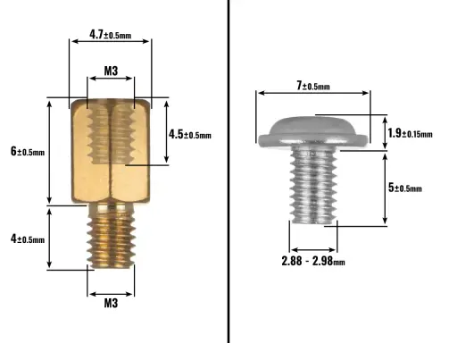Vis et entretoise M3 pour carte mère, avec dimensions précises pour un montage parfait.
