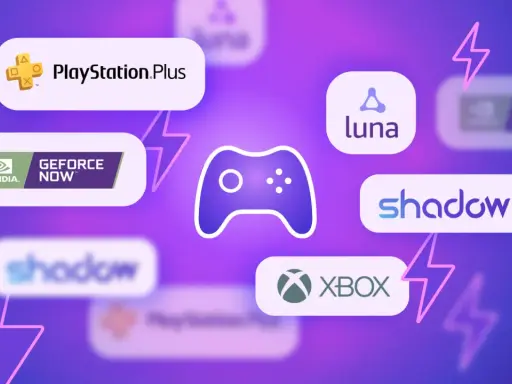 Icônes de services de jeu en nuage : PlayStation Plus, GeForce Now, Luna, Shadow, et Xbox. Le jeu en nuage, comme avec Xbox, révolutionne le gaming.