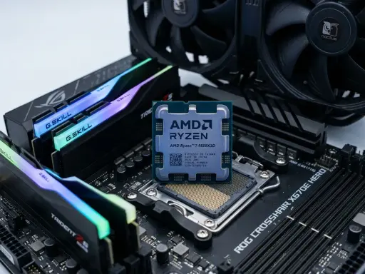 Un processeur AMD Ryzen 7 9850X3D est posé sur une carte mère ROG Crosshair X670E Hero, entouré de barrettes de RAM G.Skill Trident Z5 RGB et d'un ventirad Noctua.