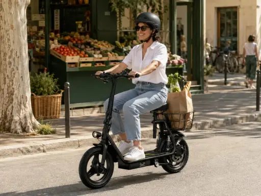 Une femme souriante fait une course de trottinette électrique, son panier rempli de courses.