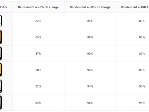 Tableau comparant le rendement des alimentations PC 80 PLUS (Bronze à Titanium) à différentes charges.