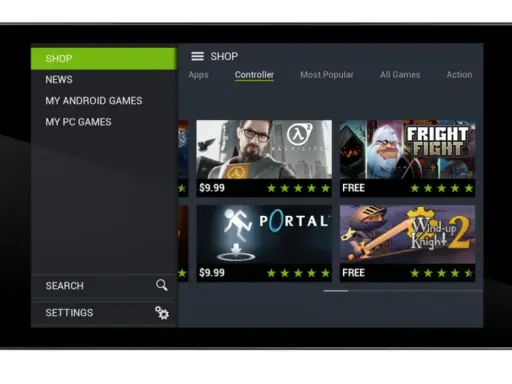 L'écran du Nvidia Shield Tablet affiche le magasin de jeux avec des titres comme Half-Life et Portal.
