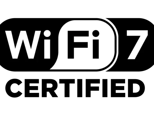 Logo Wi-Fi 7 blanc sur fond noir, annonçant la nouvelle norme wifi.