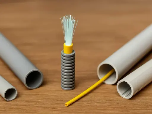 Le câble à fibre optique, prêt à être installé dans la maison, avec des gaines grises et un fil jaune.