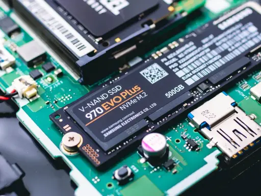 Carte mère avec un port SSD NVMe M.2 Samsung 970 EVO Plus 500 Go.