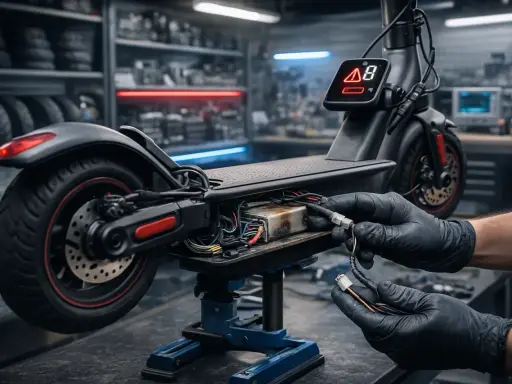 Réparation d'une trottinette électrique qui s'arrête en roulant. Mains gantées connectant des fils dans le compartiment moteur.