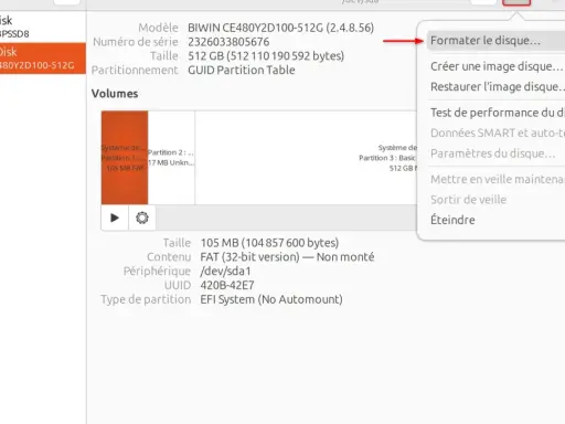 Menu contextuel pour formater le disque, une étape clé pour savoir comment réinitialiser un disque dur.