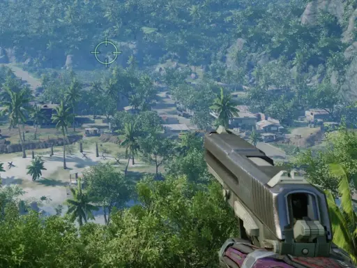 Vue FPS d'un pistolet, visant un village tropical verdoyant. Le réticule de visée suggère une mission dans Crysis 4.