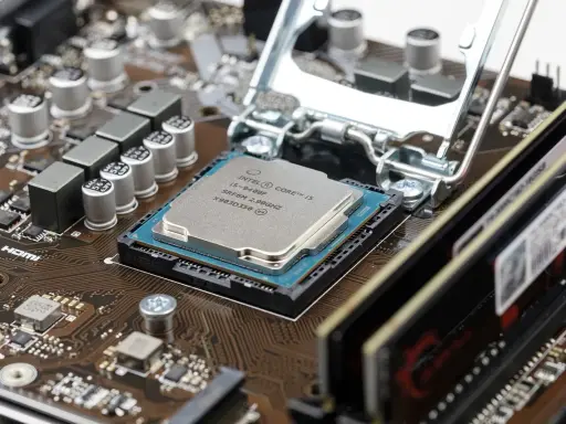 Carte mère avec processeur Intel Core i5, un des meilleurs processeurs PC portable pour la performance. RAM installée.