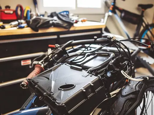 Dans l'atelier, ma trottinette ne s'allume plus. Les fils sont emmêlés, le guidon est prêt pour la réparation.
