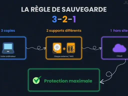 La règle de sauvegarde 3-2-1 : 3 copies sur 2 supports différents (ordinateur, disque externe/NAS) et 1 hors site (Cloud) pour une solution stockage optimale.