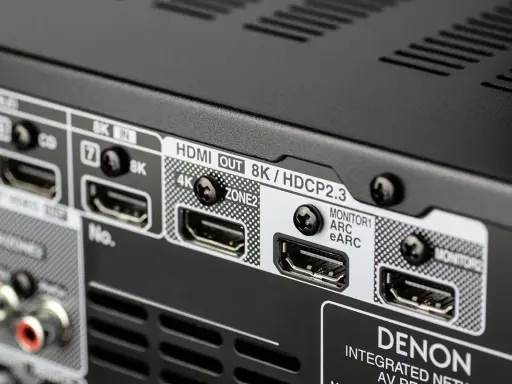 Arrière d'un amplificateur Denon avec ports HDMI OUT 8K/HDCP2.3, 4K, ARC et eARC. Ces prises servent à la transmission vidéo et audio haute résolution.