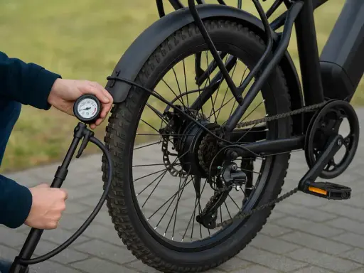 Maintenir la pression pneu vélo électrique optimale pour une meilleure autonomie et un confort de conduite. Un manomètre est utilisé pour vérifier le gonflage.