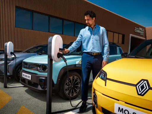 Un homme charge une automobile hybride électrique turquoise. Une voiture jaune est garée à côté.