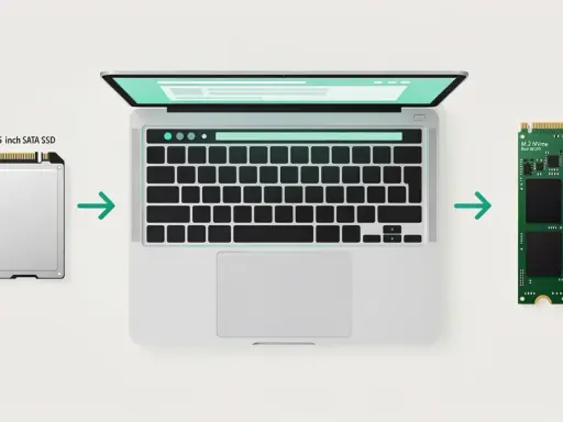 Comparaison de la taille SSD : un disque SATA 2,5 pouces à gauche, un SSD M.2 NVMe à droite, avec un ordinateur portable au centre.