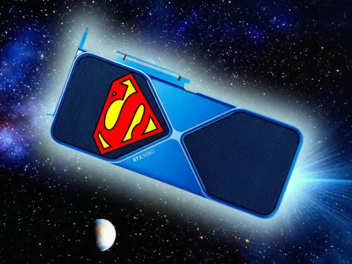 Carte graphique RTX 5080 Super, ornée du symbole de Superman, naviguant dans l'immensité de l'espace étoilé.