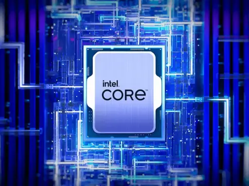 Processeur Intel Core, un cœur technologique au milieu d'un réseau bleu lumineux.