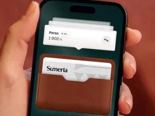 Une main tient un smartphone affichant l'application Sumeria. Une carte bancaire Sumeria est visible dans un étui en cuir marron.