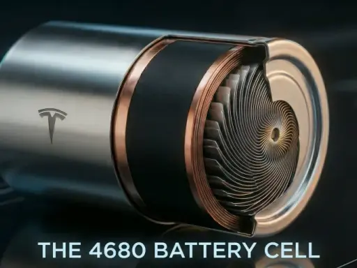Coupe transversale d'une nouvelle batterie Tesla 4680, révélant sa structure interne enroulée.