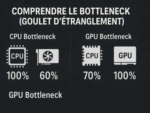 Comprendre le bottleneck : CPU à 100% et GPU à 60% (CPU bottleneck) ou CPU à 70% et GPU à 100% (GPU bottleneck). Illustration de la compatibilité processeur carte graphique.