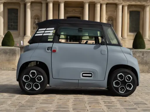 Une petite voiture grise, un ami pour la ville, se gare devant un bâtiment imposant.