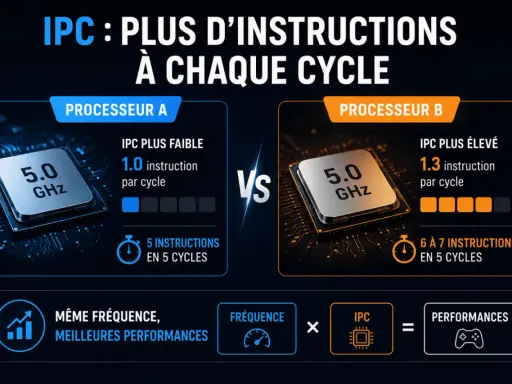 Comparaison de processeurs : même fréquence (5.0 GHz), mais l'IPC (instructions par cycle) plus élevé du processeur B offre de meilleures performances.