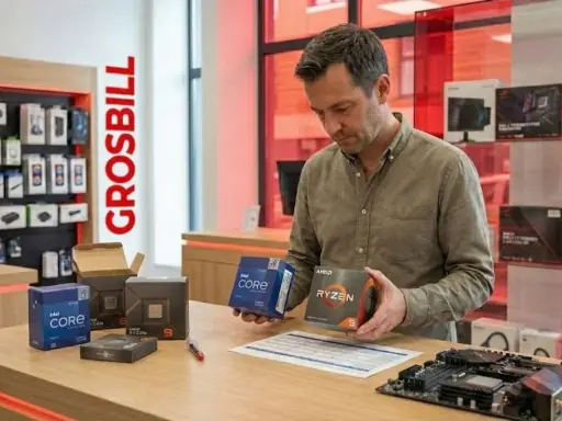 Un homme compare deux boîtes de microprocesseur ordinateur, Intel Core et AMD Ryzen, dans un magasin.