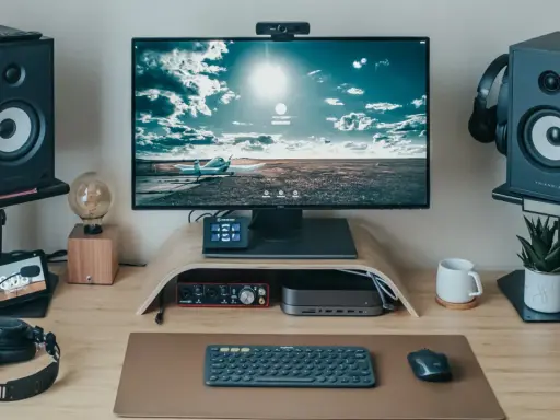 Un bureau moderne pour le setup teletravail : écran, enceintes, clavier, souris, casque et une webcam.