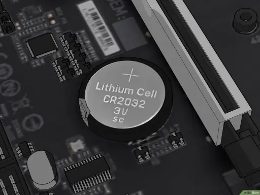 Pile CR2032 sur une carte mère, prête pour un reset BIOS.