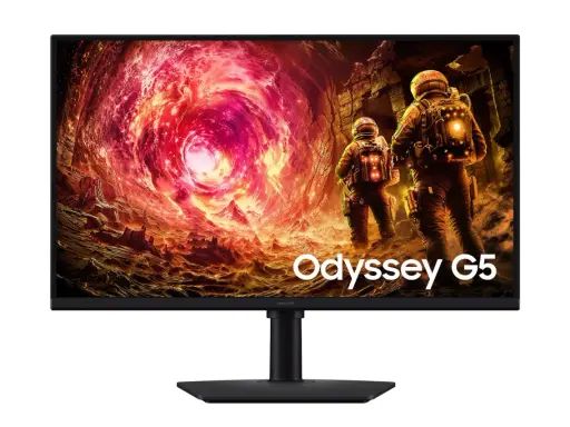 Écran Samsung Odyssey G5 affichant une scène de science-fiction avec des astronautes explorant un paysage volcanique. Idéal pour savoir comment choisir son écran gamer.