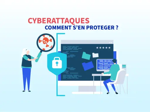Une personne examine une loupe sur un crâne et des virus, symbolisant une cyberattaque. Un bouclier avec un cadenas et un ordinateur montrent la protection.