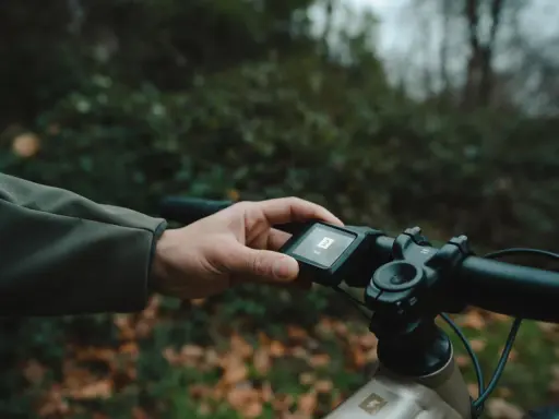 Main d'un cycliste ajustant l'écran d'un vtt electrique debridable en pleine nature.