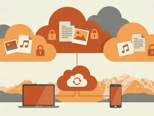 Illustration d'un ordinateur portable et d'un smartphone connectés à des nuages de données sécurisés, symbolisant la sauvegarde externe.